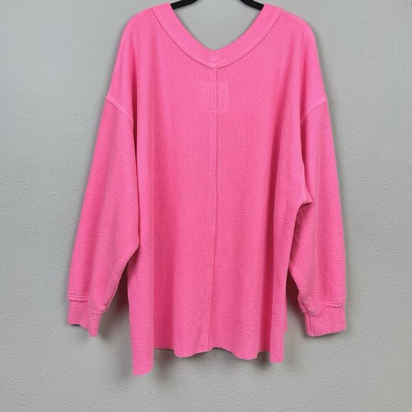 Aerie Women's Large Wonder Textured V-neck Sweatshirt Neon Bright Pink Relaxed - Picture 16 of 16